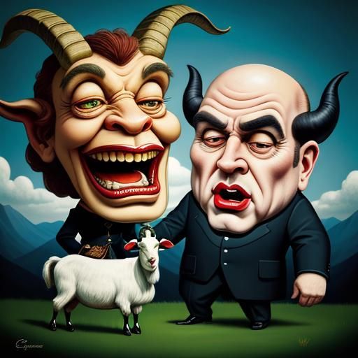 Surreal Caricature Goat Screams at Woman in Vintage Style