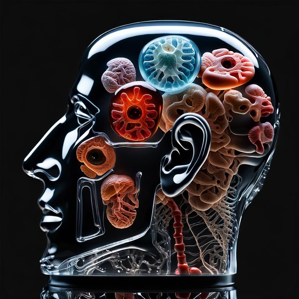 dark background,hyperrealistic, glass human body glas human head with internal glas organs, Surrealistic, black shine, c...