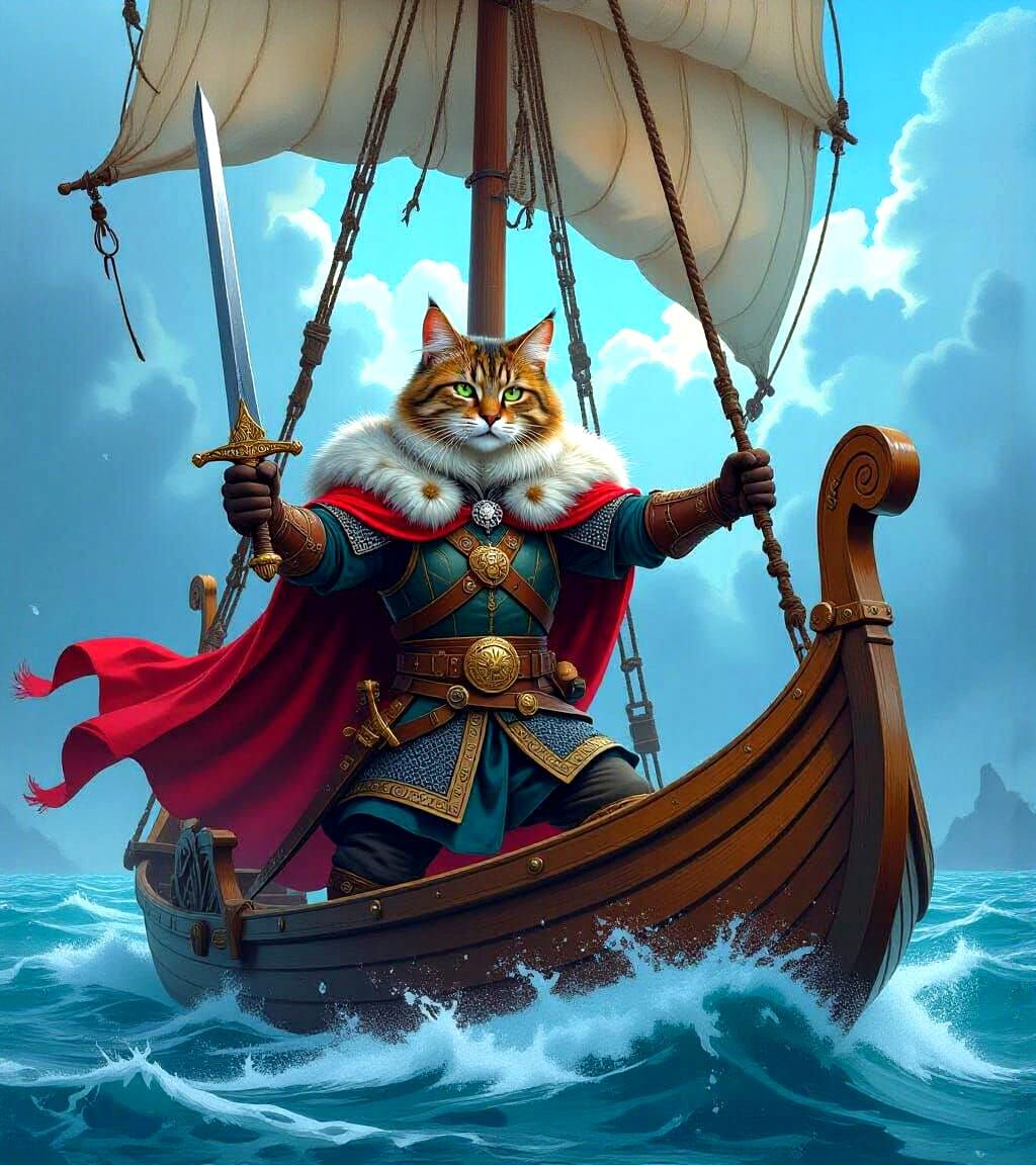 Viking Cat Warrior on Longship, Pin-Up Art Style