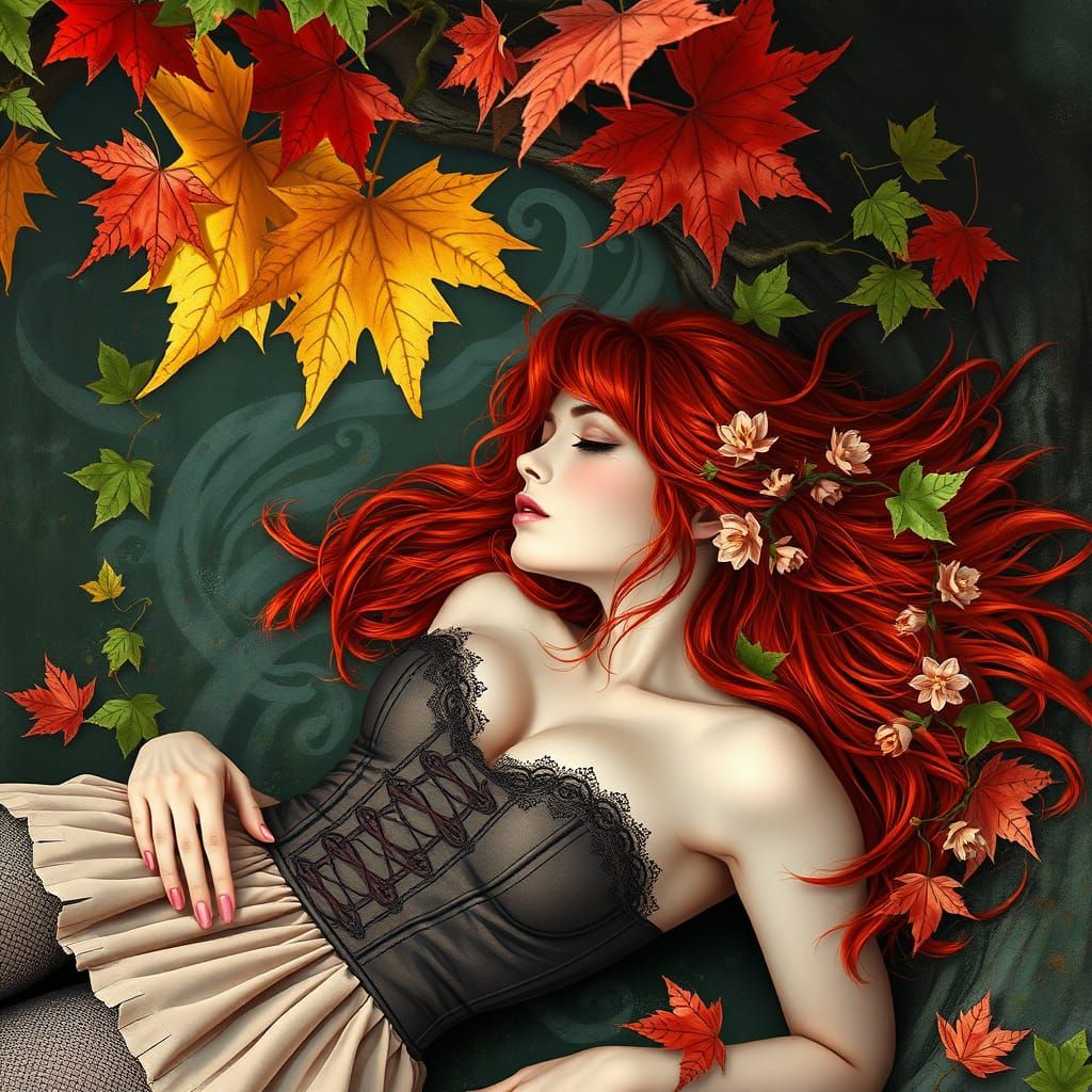 Redhead Pin-Up Contemplates Maple Leaf in Klimt Graffiti Sty...