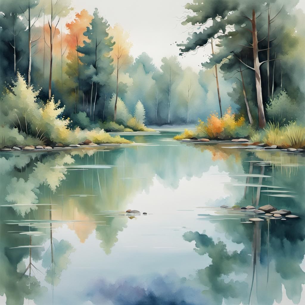 Still Pond Reflecting Nature in Watercolor Style