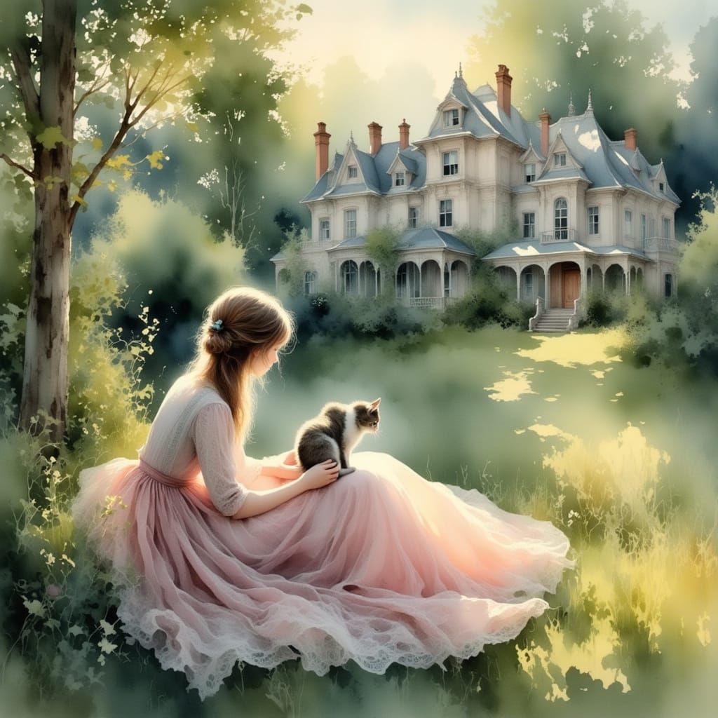 Victorian Lady and Cat Admire Home in Impressionist Style