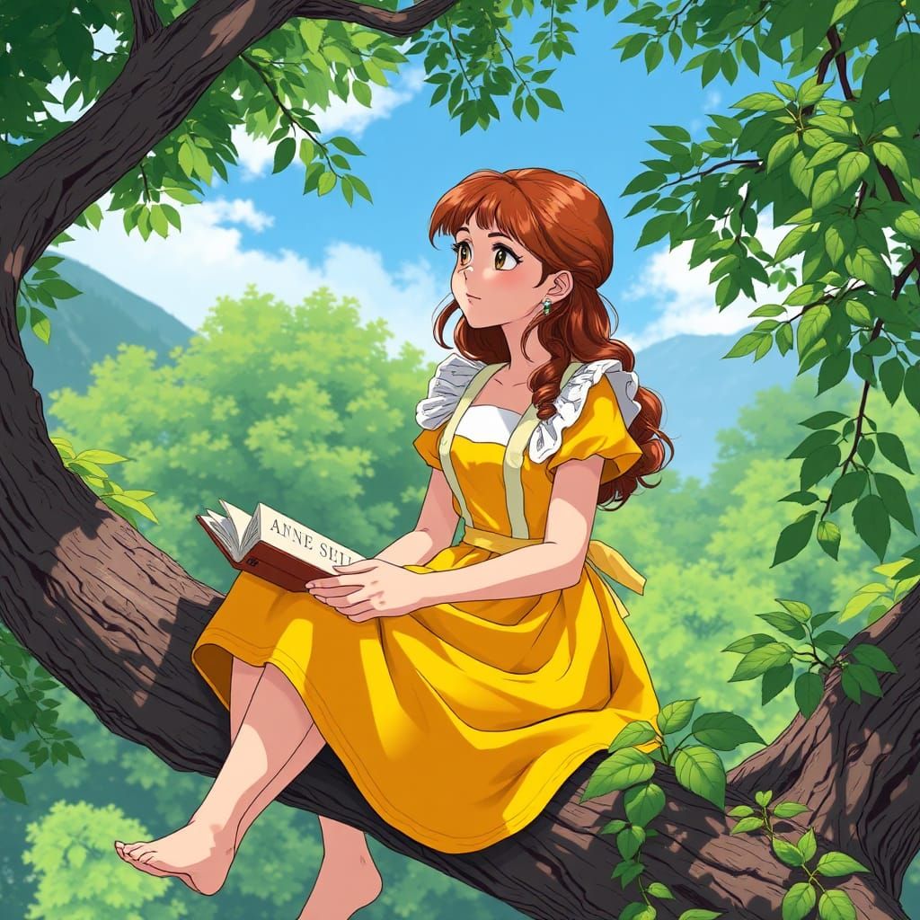 Anne Shirley in Manga Style on Tree Branch