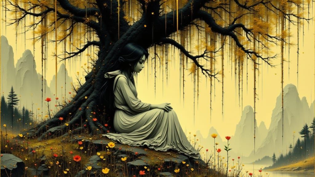 Serene Figure Under Weeping Willow in Concept Art Style