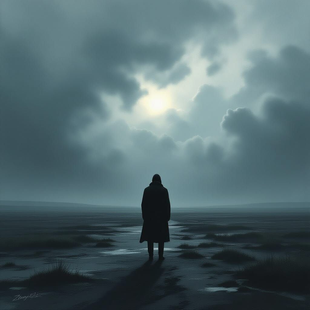 Solitary Figure Facing Distant Light in Stormy Landscape
