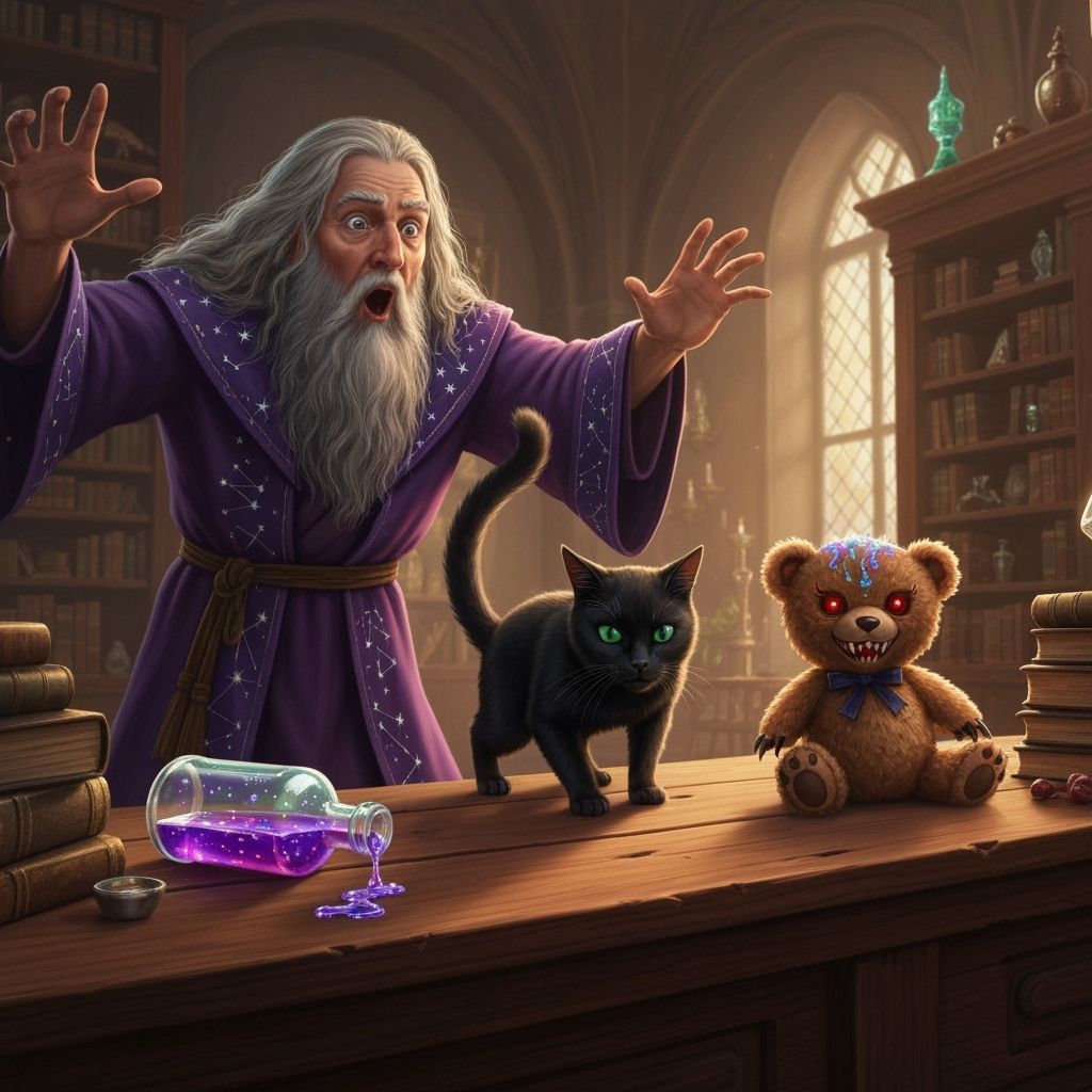 Wizard Shocked by Cat's Mischief and Teddy Bear Transformati...