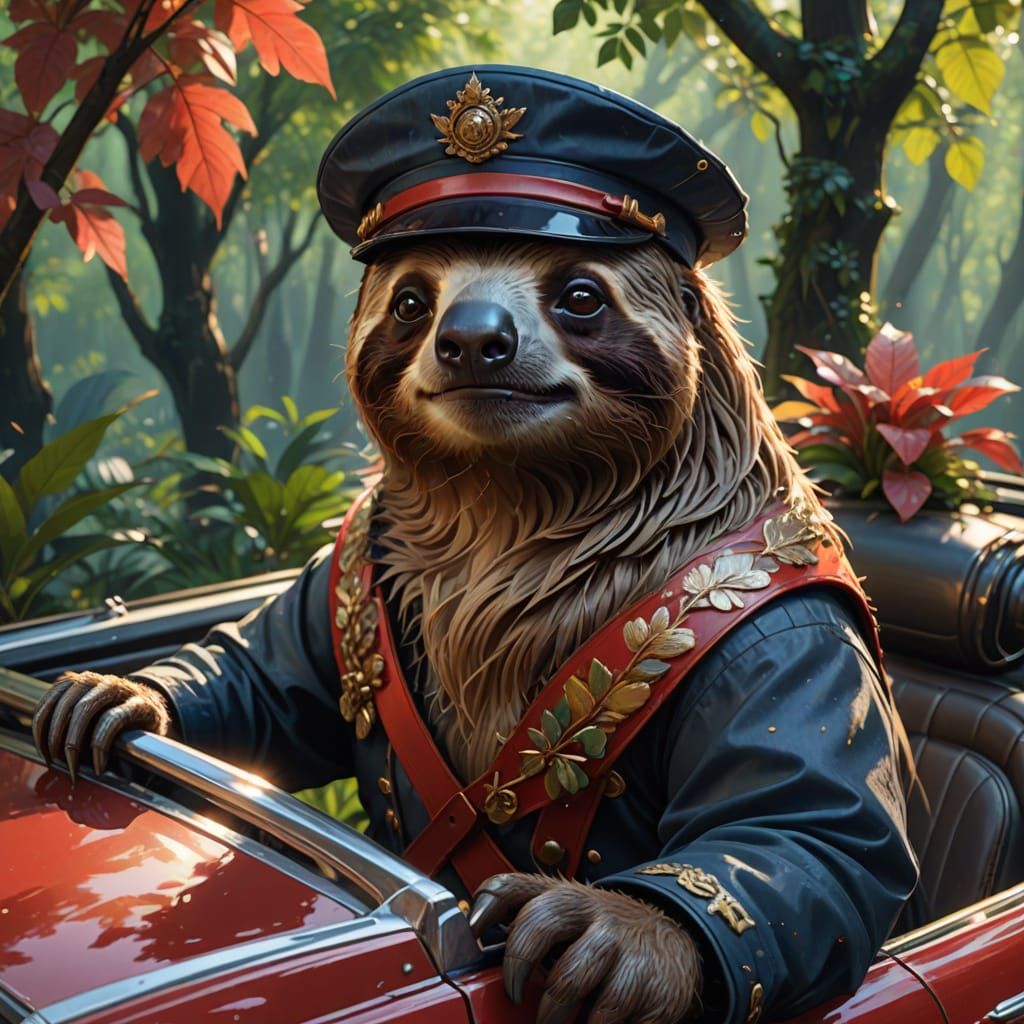Impressionist Sloth Drives Convertible in Dappled Sunlight