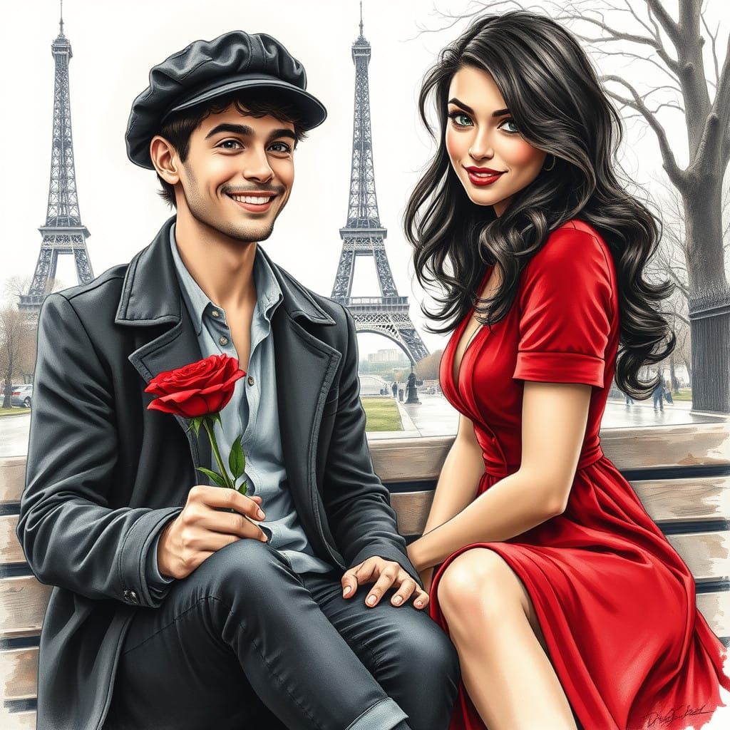 Romantic Parisian Moment in Hyperdetailed Charcoal Drawing
