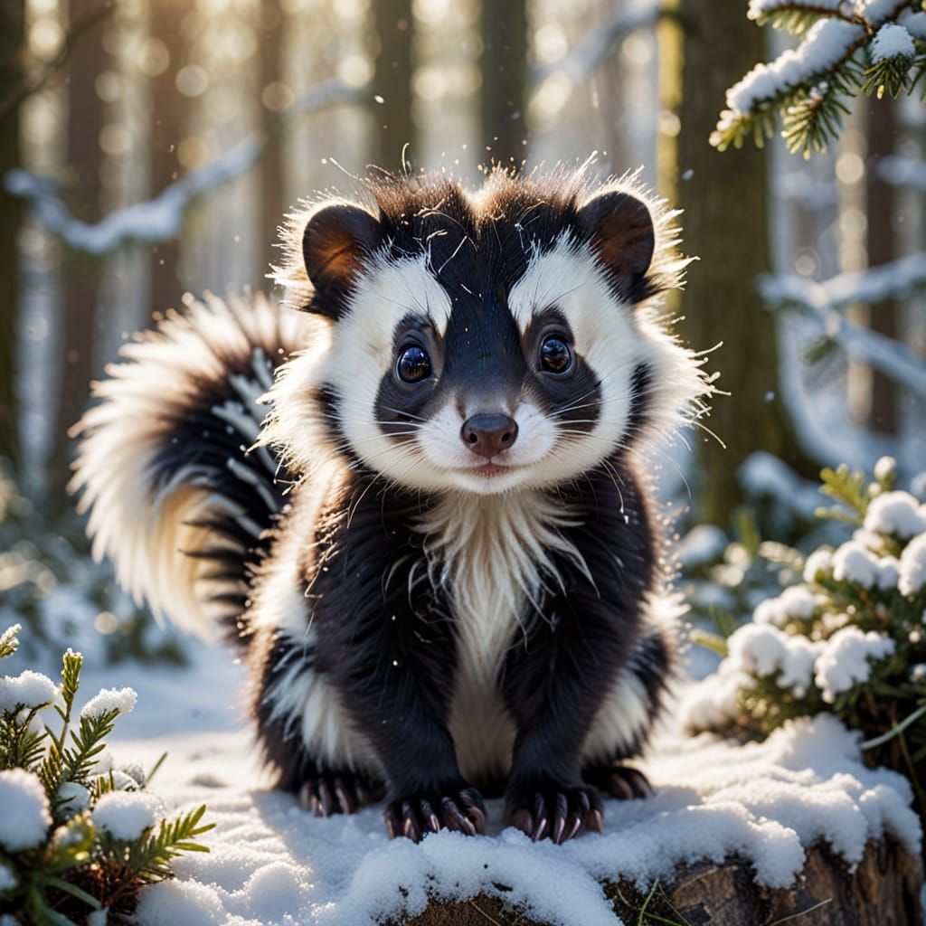 Adorable Christmas Skunk with Duckling in Snowy Forest