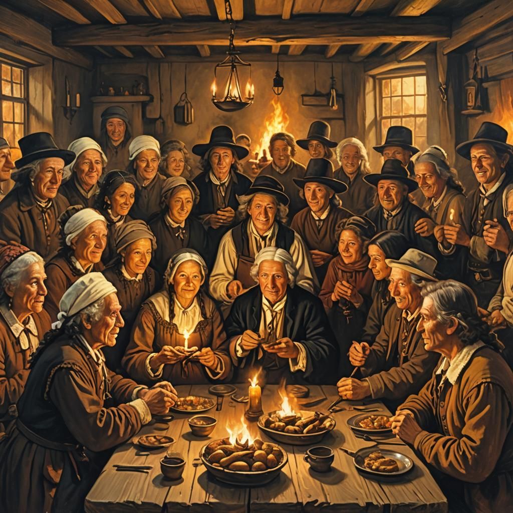 Pilgrims and Wampanoag Sharing Autumn Feast: Oil Painting