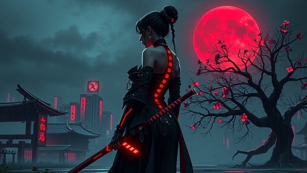 Cyberpunk Samurai Femme Fatale in Crimson Neon