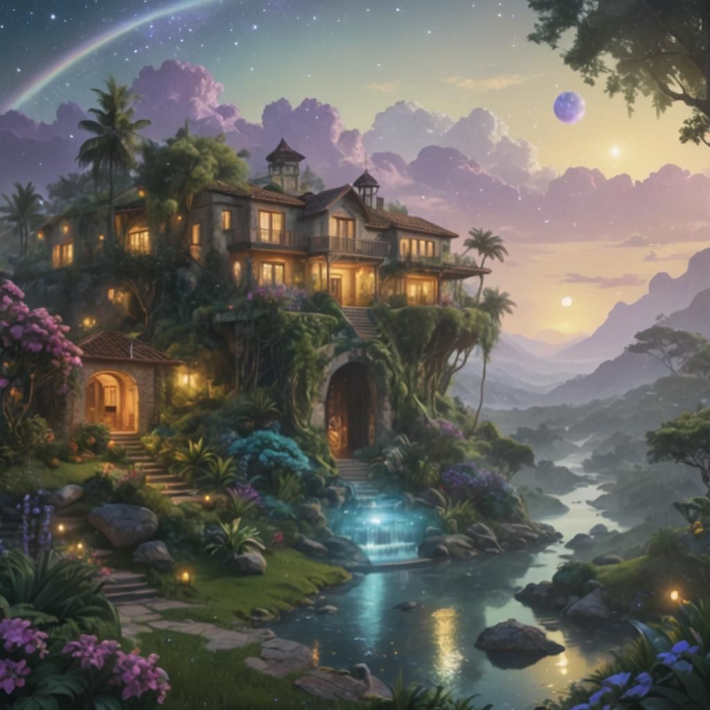 Cosmic Oasis Villa: Holographic Mixed Media Illustration