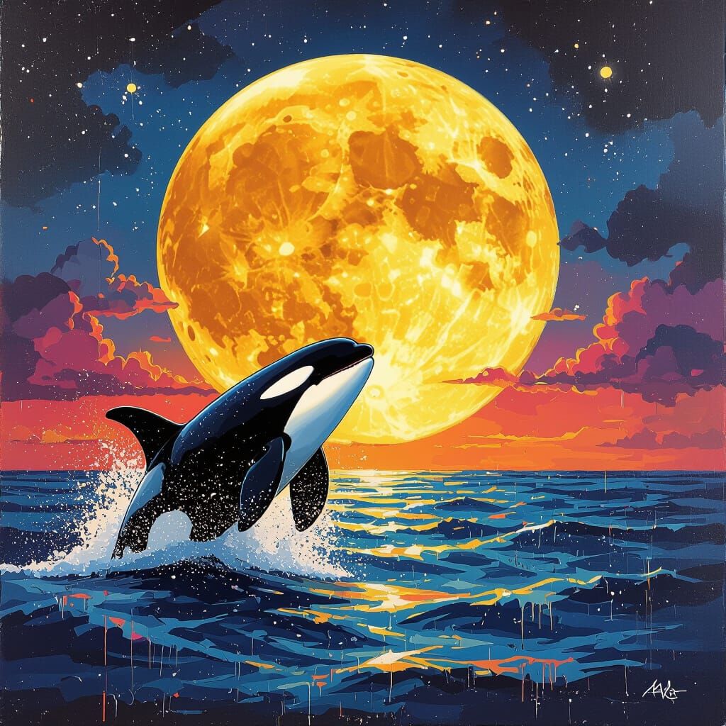 Orca Whale Breaching Under a Graffiti Art Moon