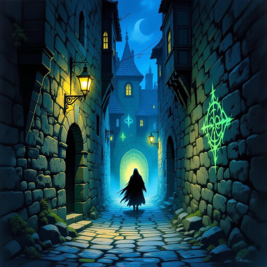 Mysterious Alleyway at Midnight with Hooded Figure