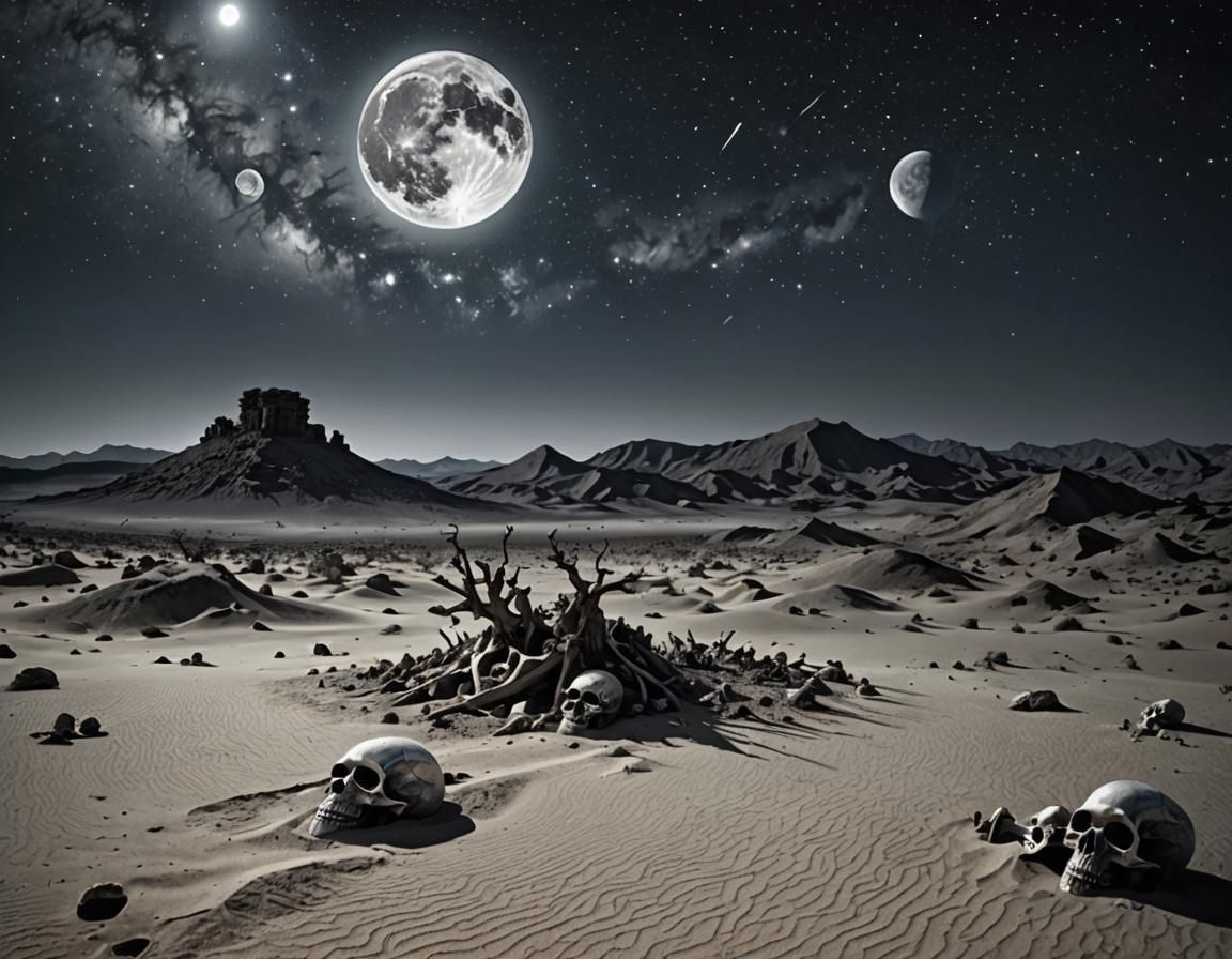 Surreal Silver Desert with Skulls Under Full Moon