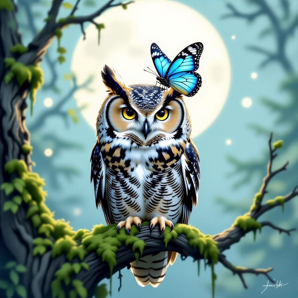 Great Horned Owl and Butterfly in Lunar Light