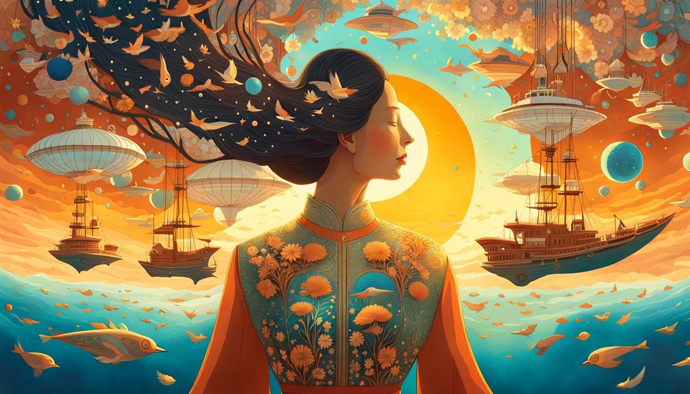 Woman Holding Cosmos in Surreal Universe