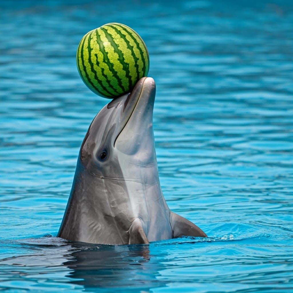 Dolphin Balances Watermelon: A Photorealistic Display
