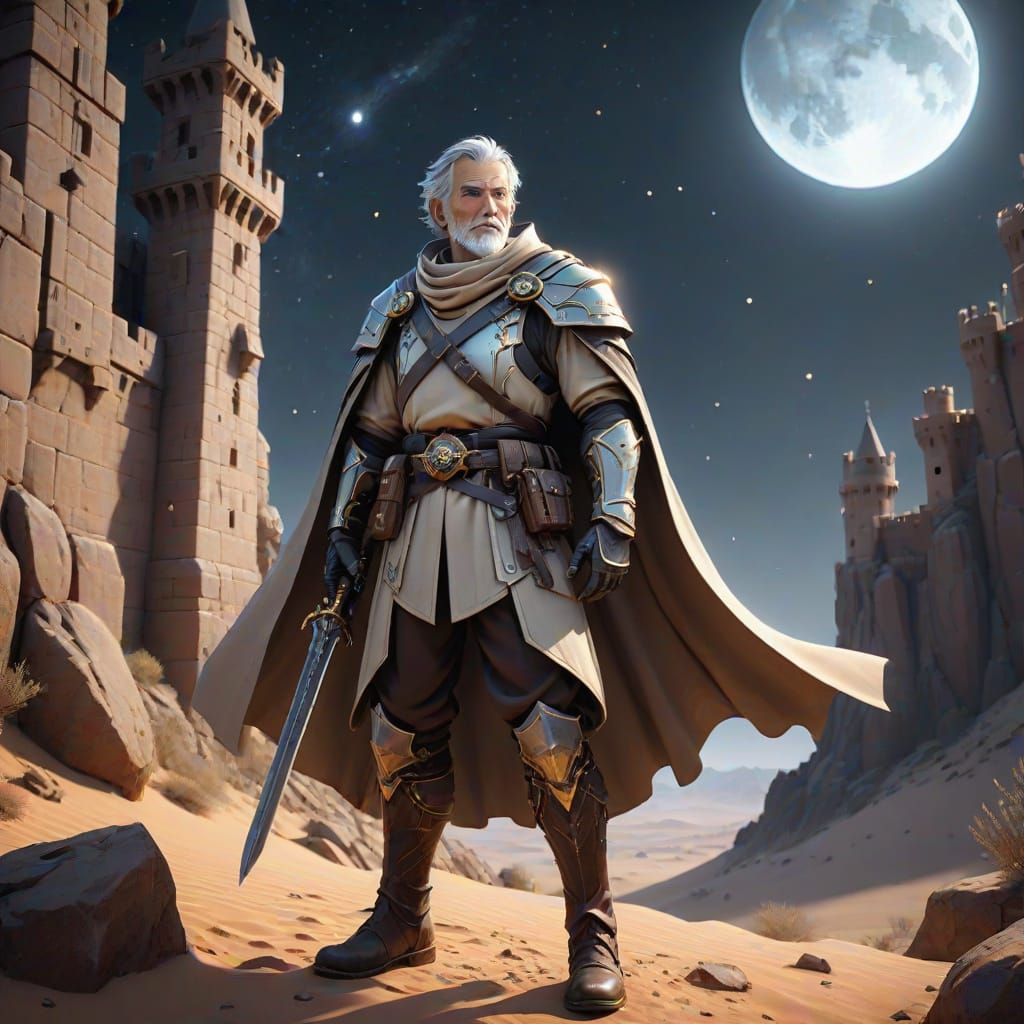 Grey-Haired Warrior Ascends Castle Wall in Desert Night