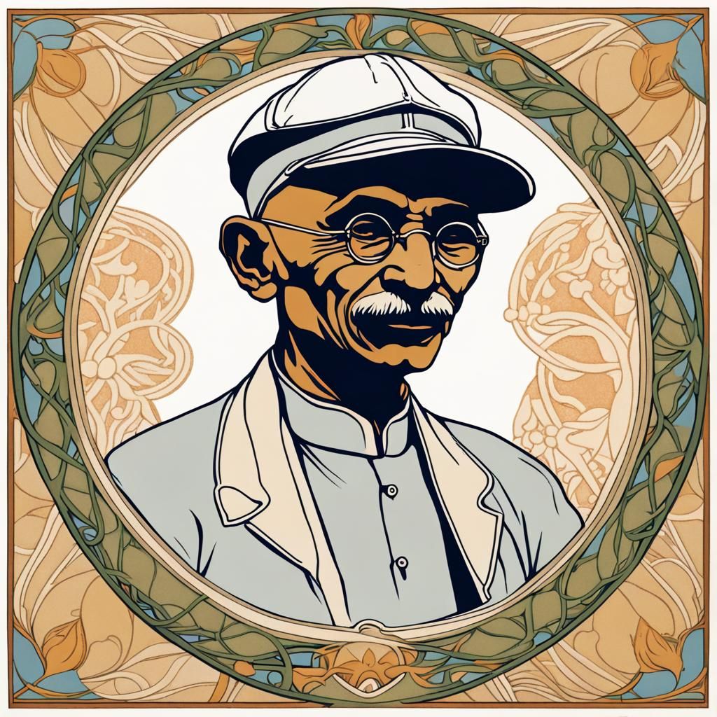 Gandhi in Baseball Cap, Art Nouveau Print
