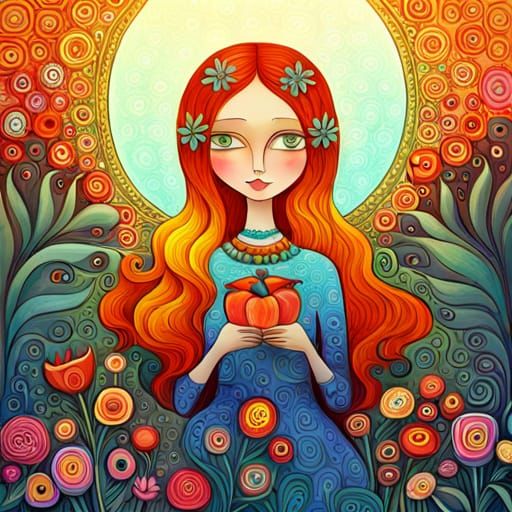 Fairytale Girl with Birds and Flowers in Magic Realism