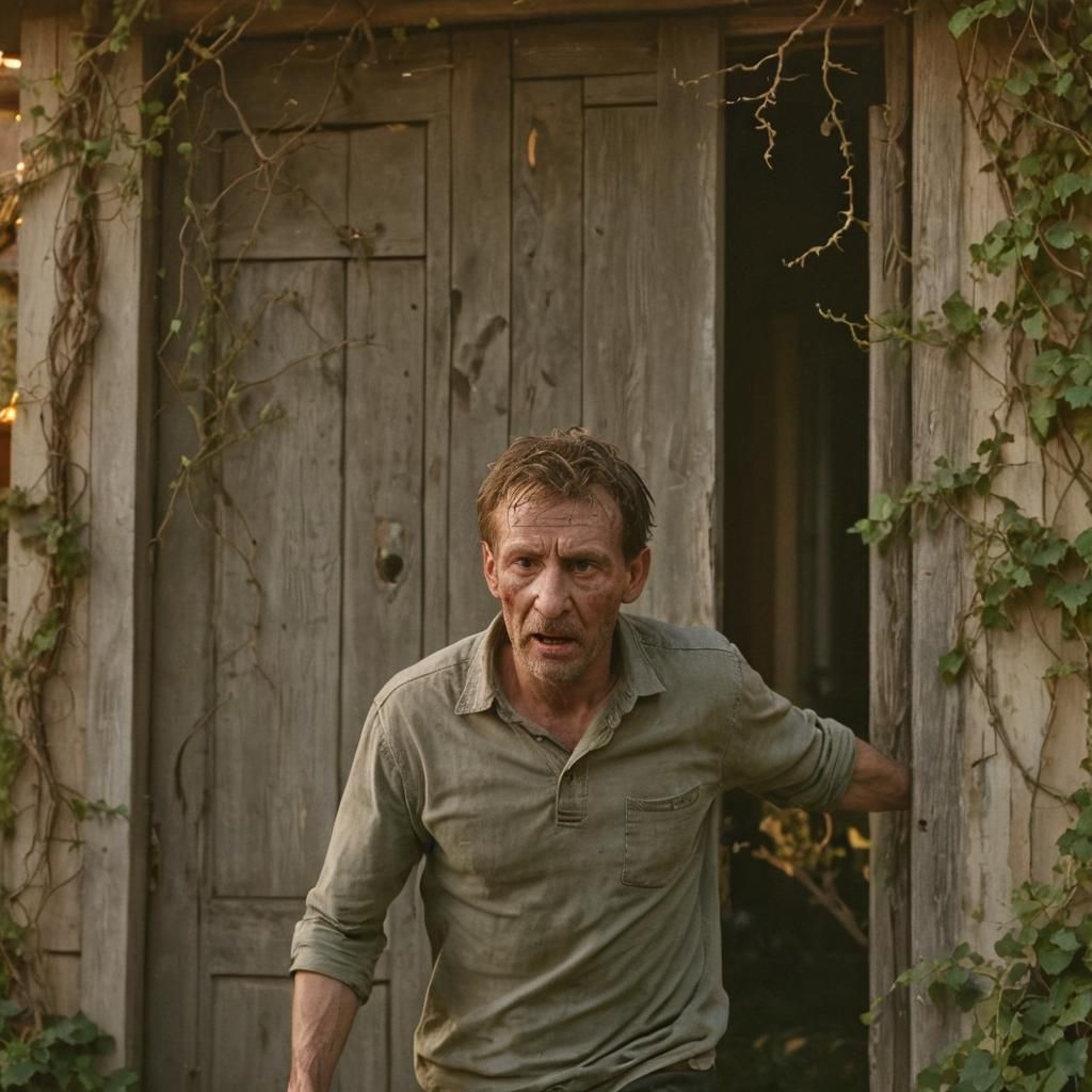 Man Fleeing Haunted House in Cinematic Style