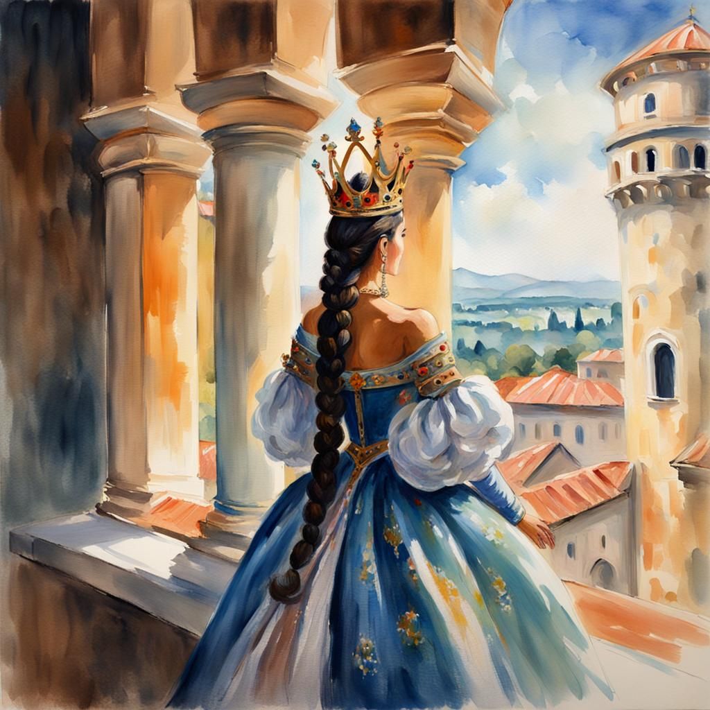 Queen Overlooking Her Kingdom in Gouache Style