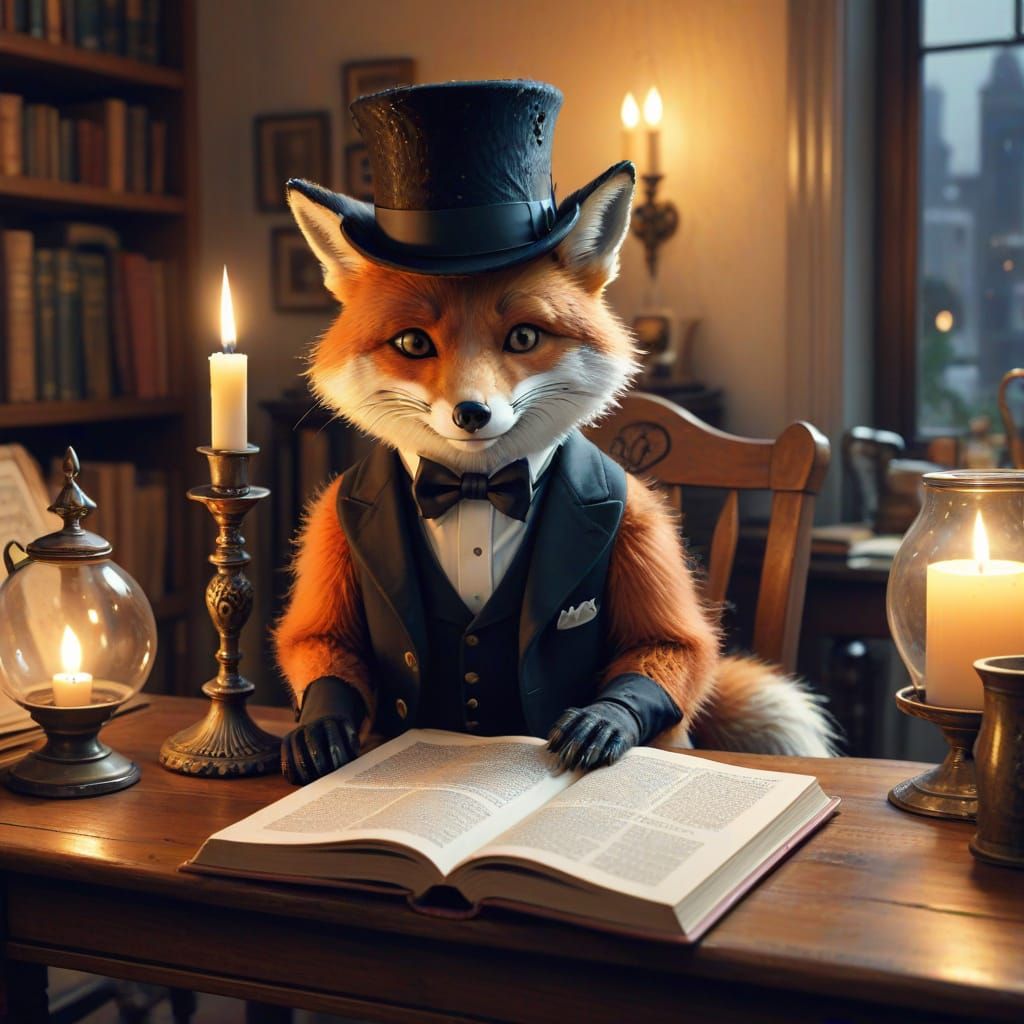 Whimsical Fox in Top Hat Reads by Candlelight