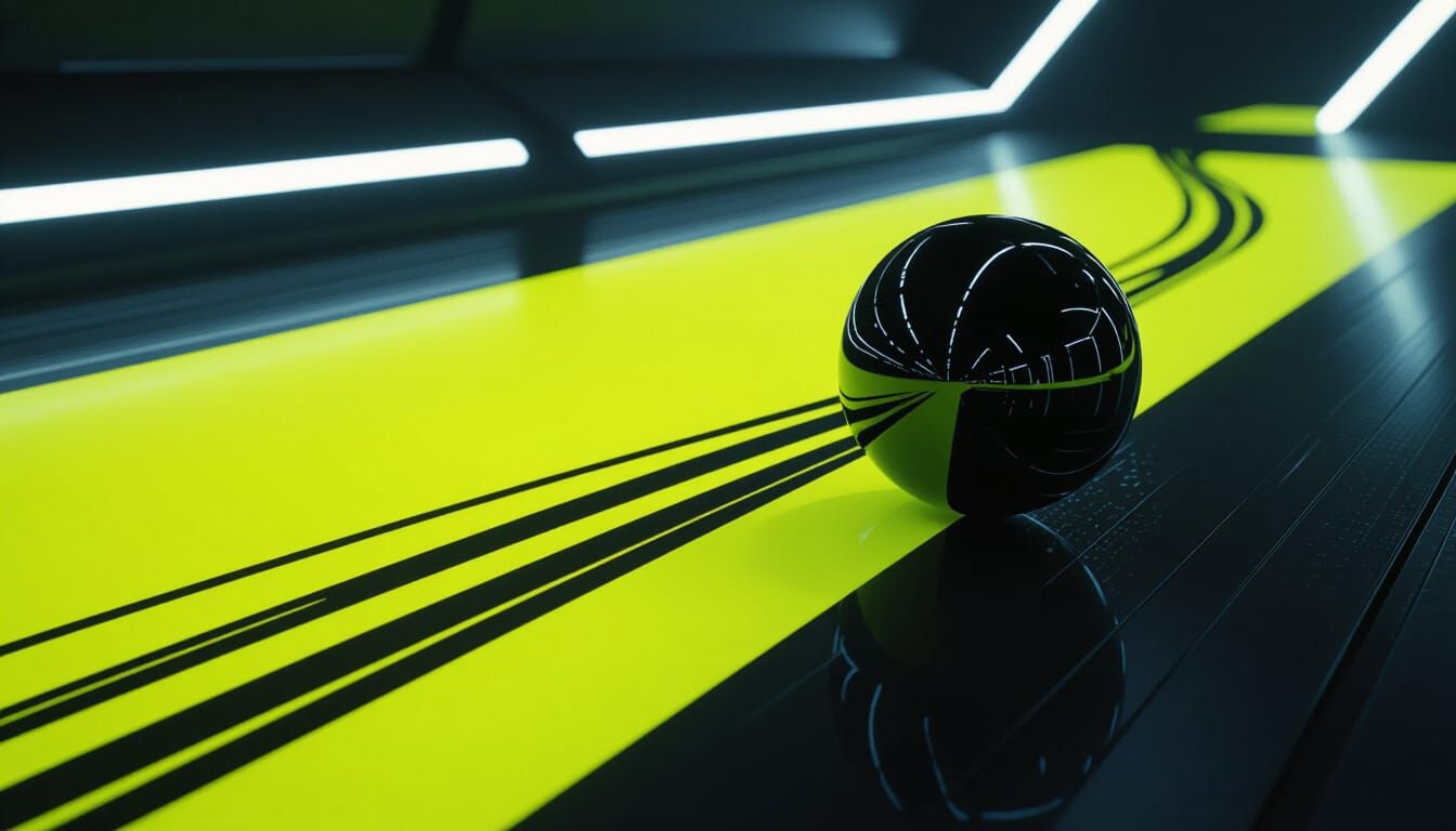 Matte Black Ball on Chartreuse Surface in Futuristic Style