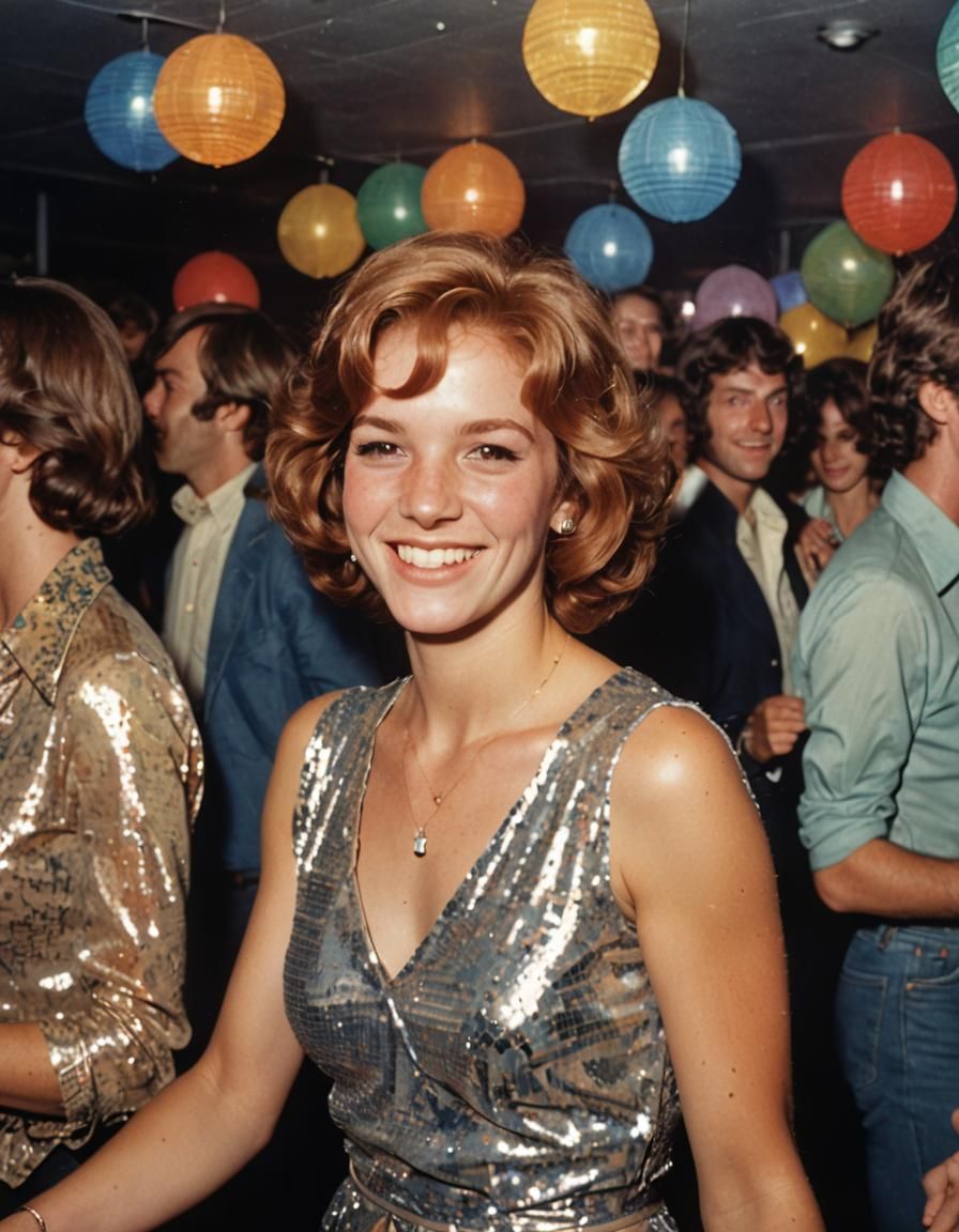Smiling Woman Dancing at a 1970s Disco