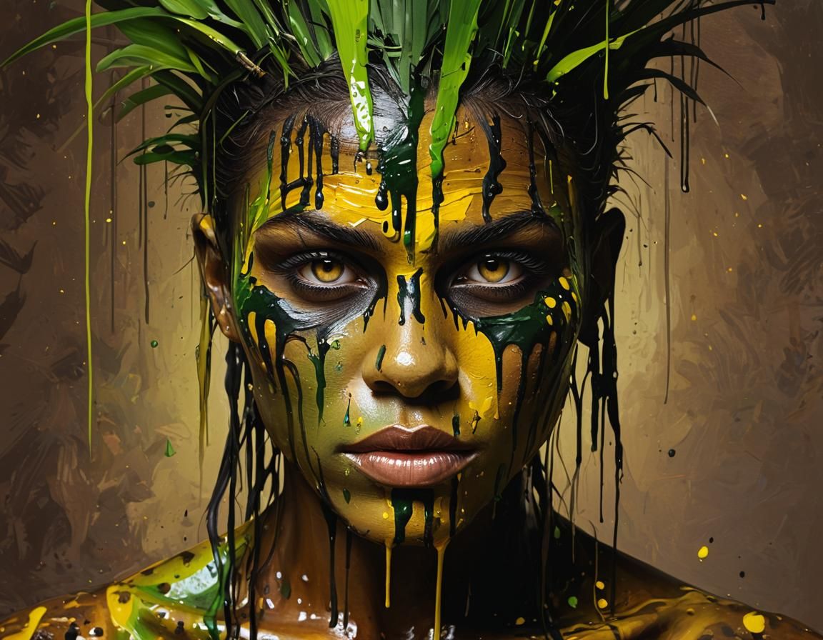 concept art, jungle, portrait amazonion warrior, paint drips, black, green, yellow, body pain...