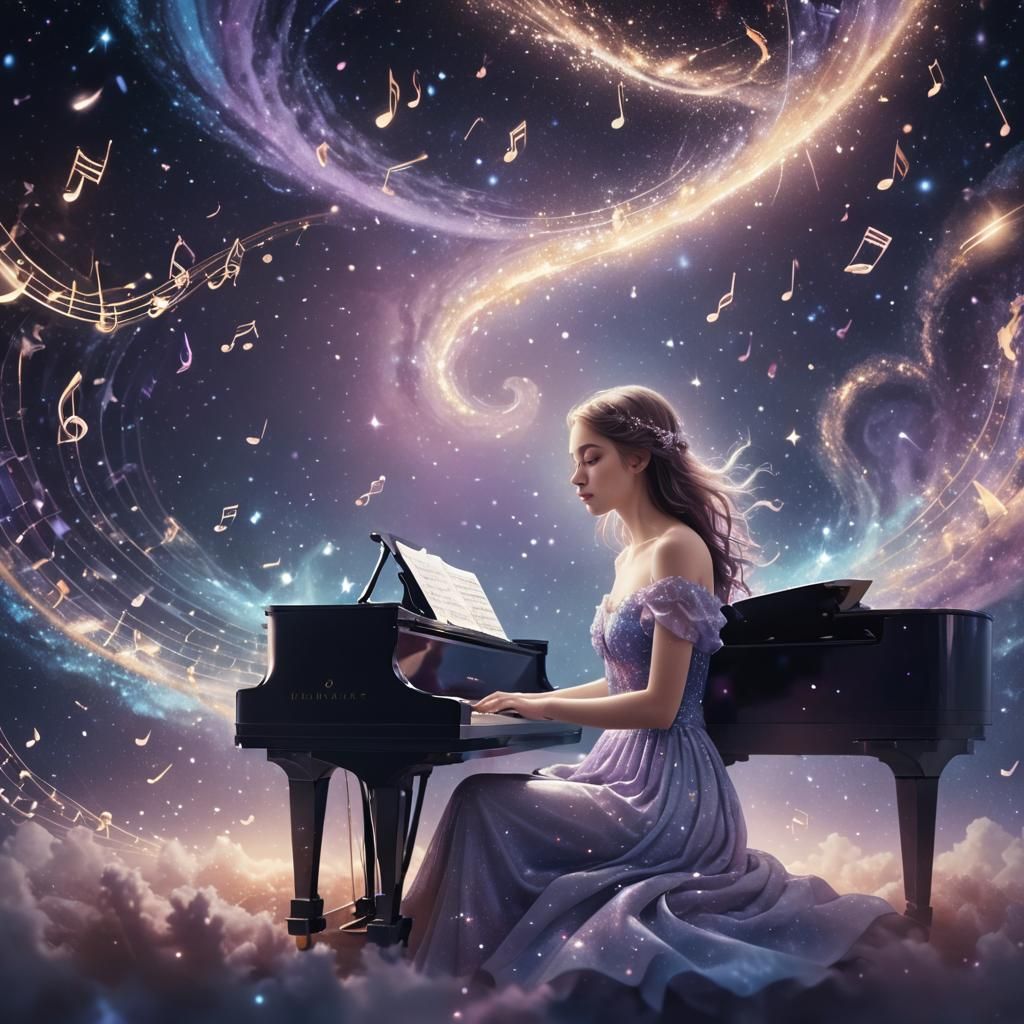 Woman Plays Piano Among Stars: Digital Art