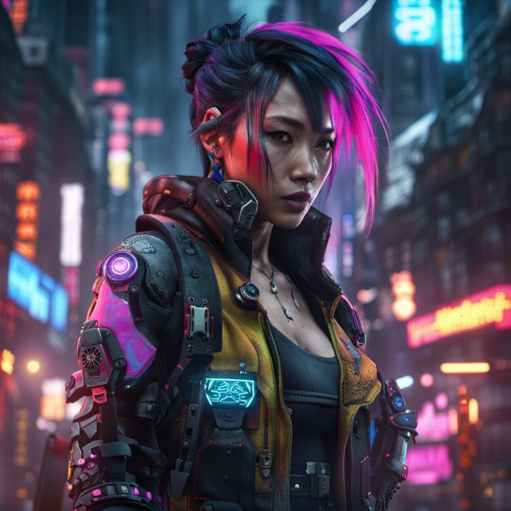 Cyberpunk Warrior in Neon City Slums