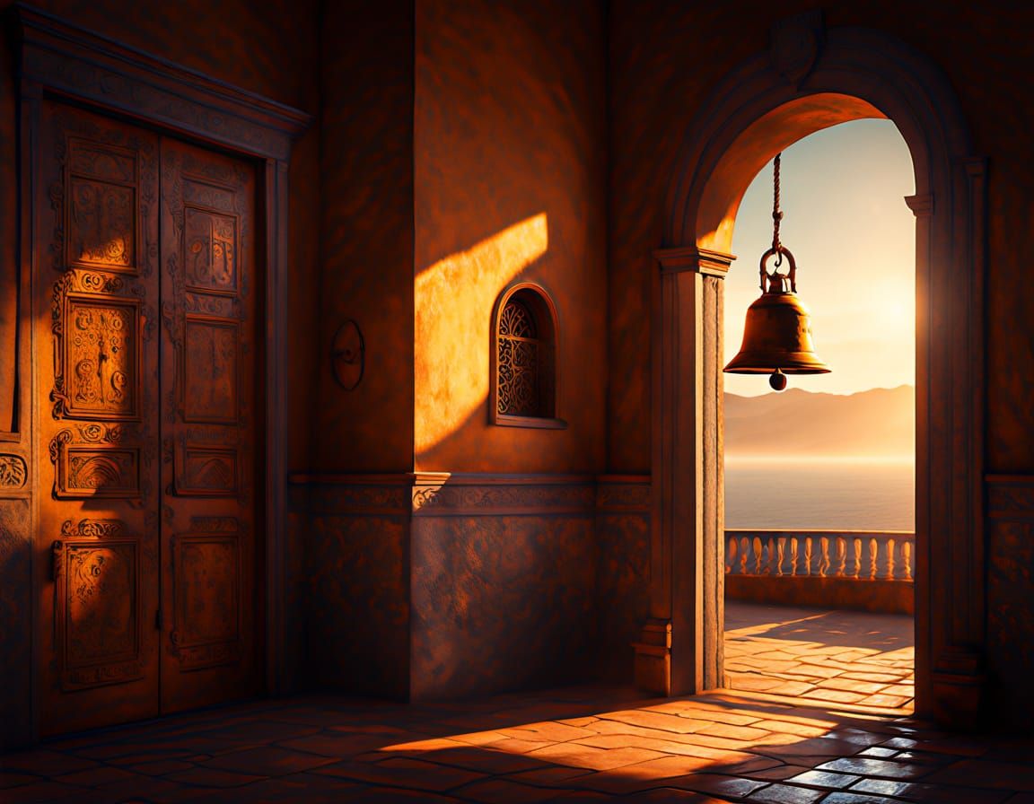 Surreal Mission Bell Scene in Warm Golden Light