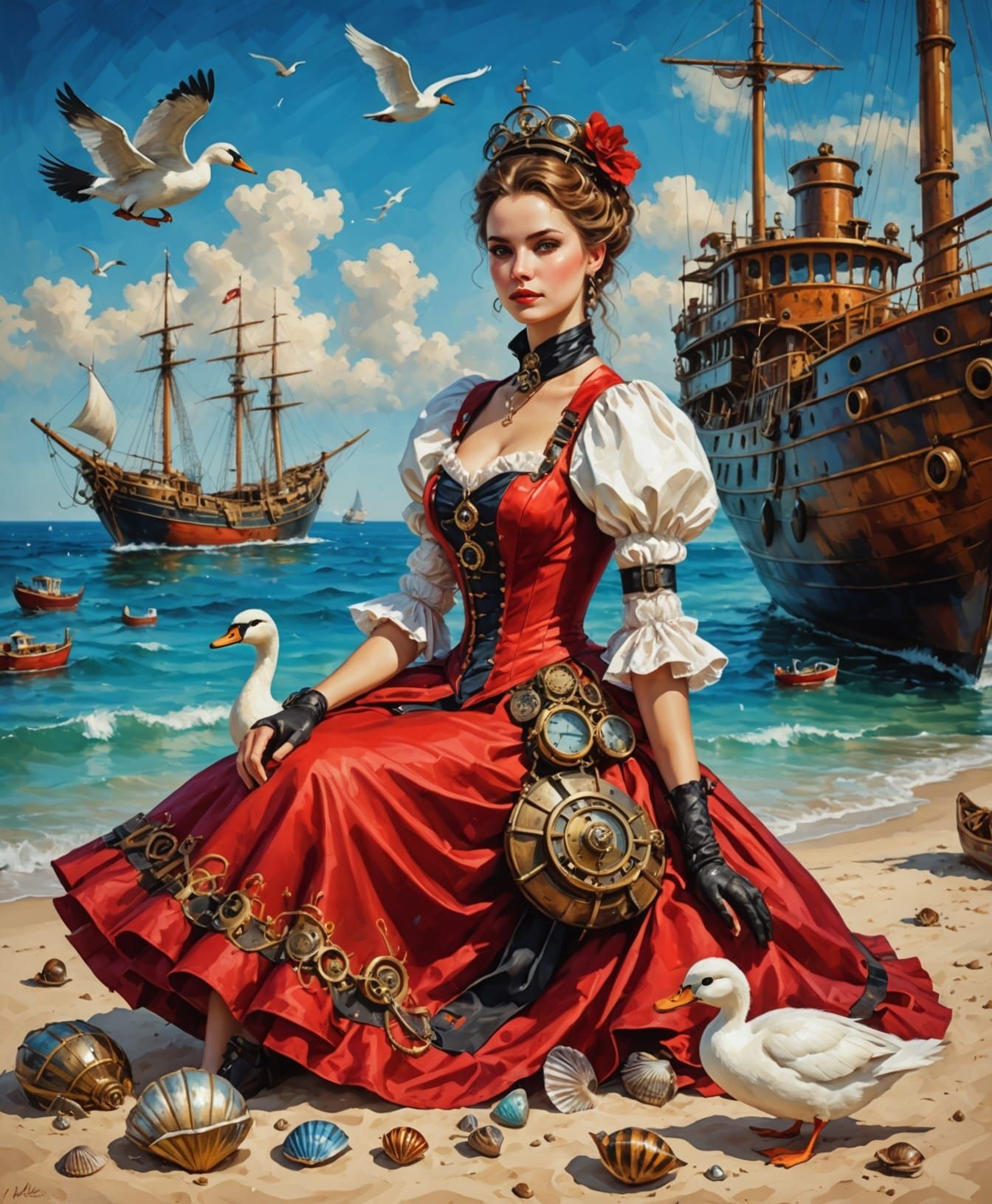 Steampunk Beach Scene in Vibrant Oil on Canvas