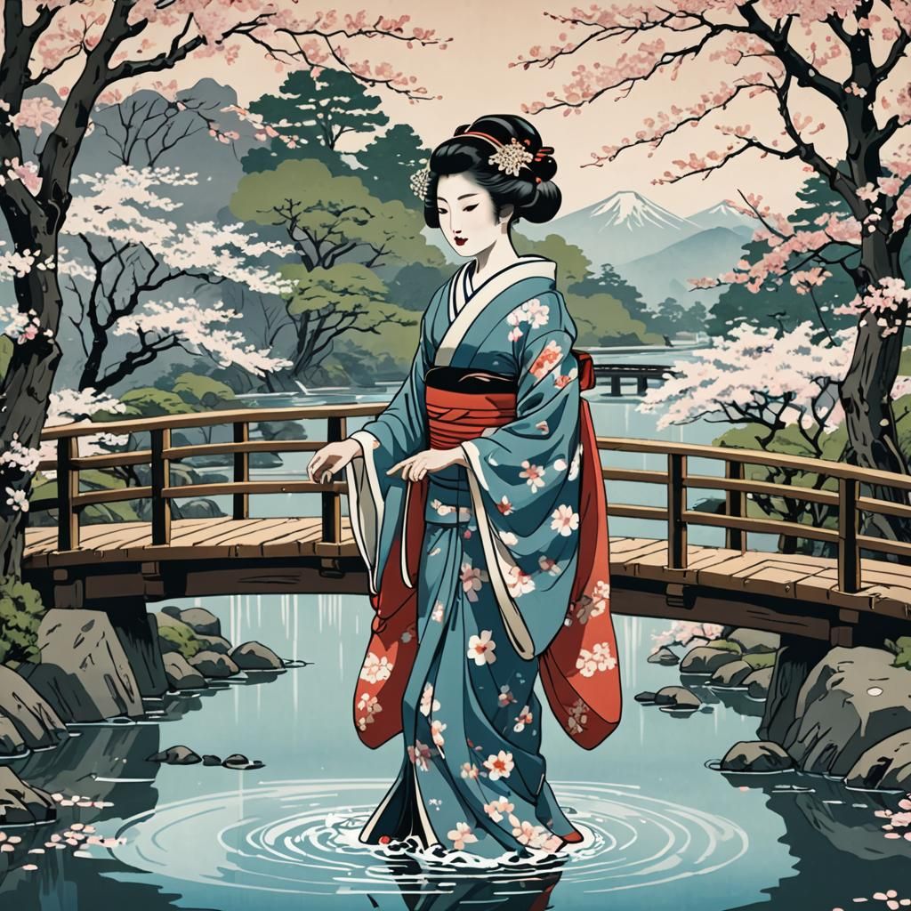 Geisha on Cherry Blossom Bridge in Ukiyo-e Style