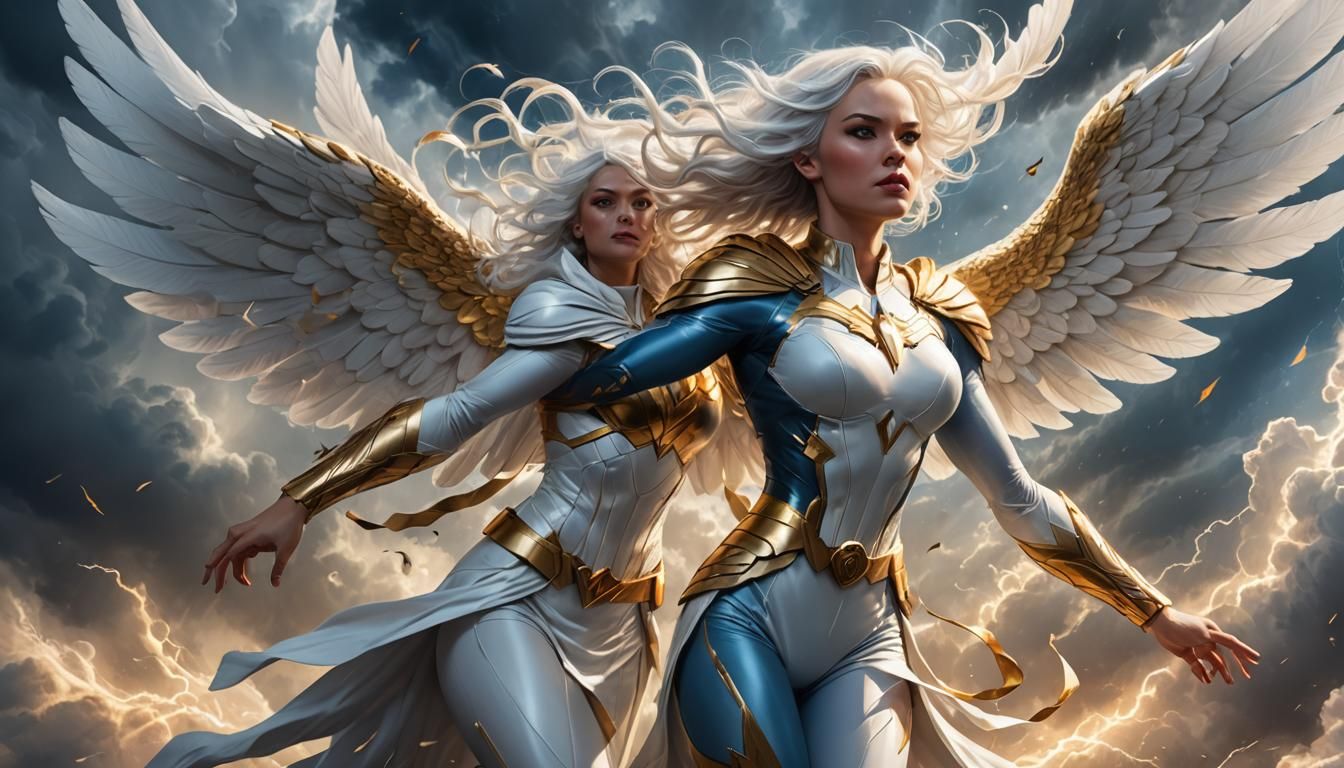 Angel Soaring Through Stormy Skies in Comic Book Style