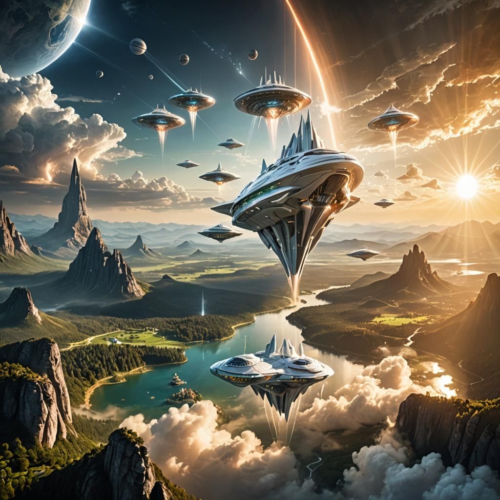 Majestic Alien Ships Floating Over Landscape