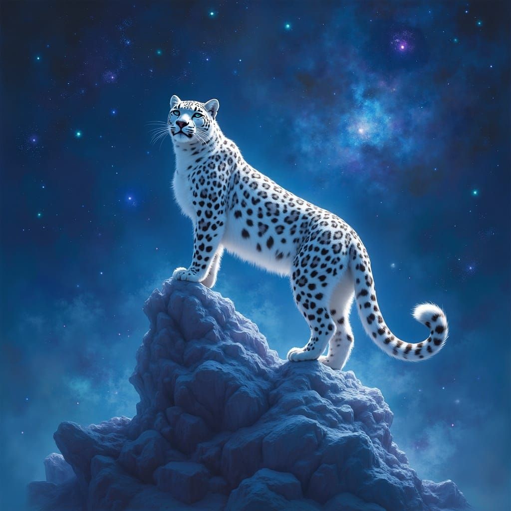 Snow Leopard on Crystal in Cosmic Nebula Sky