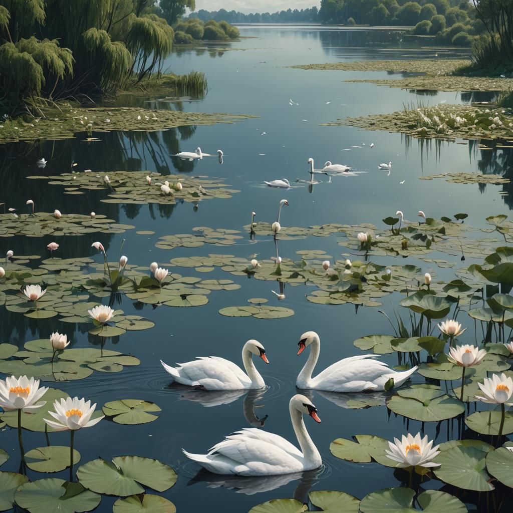Swans on Lily Lake: Cinematic Digital Masterpiece