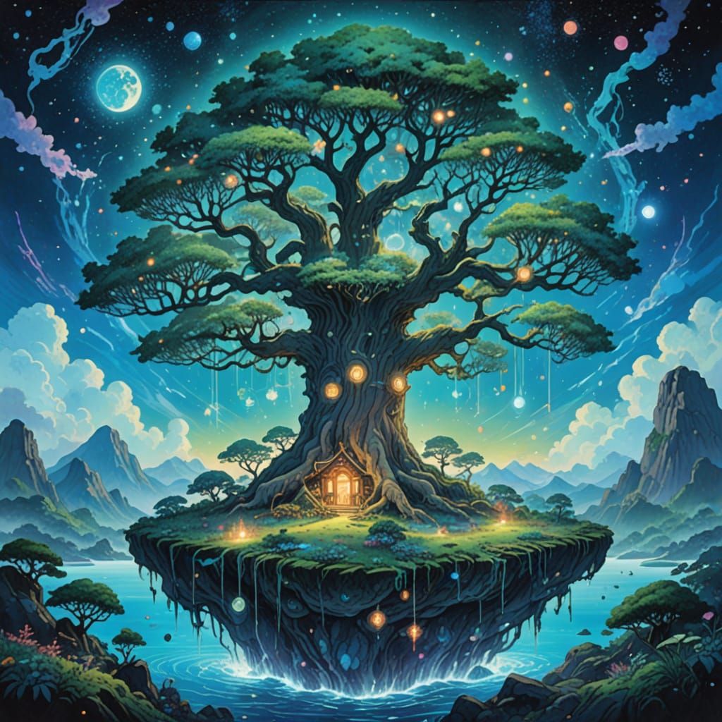 Tree of Life on Floating Island, Ghibli-Inspired