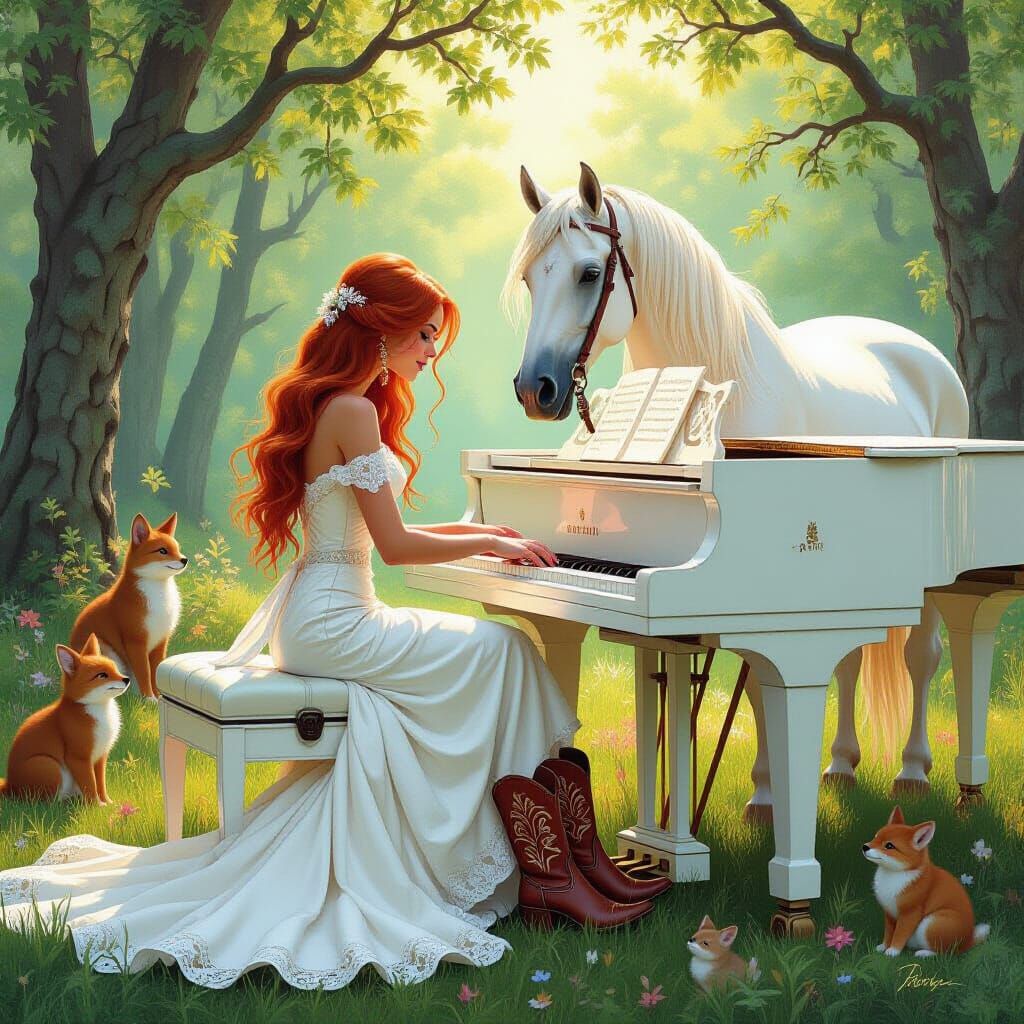 Red-Haired Woman in Green Dress Plays Piano with Horse in Fo...