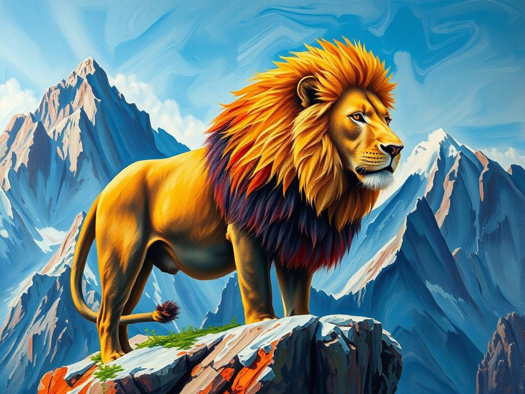 A majestic lion seamlessly blending into a massive mountain landscape, created with the impasto painting technique. The ...