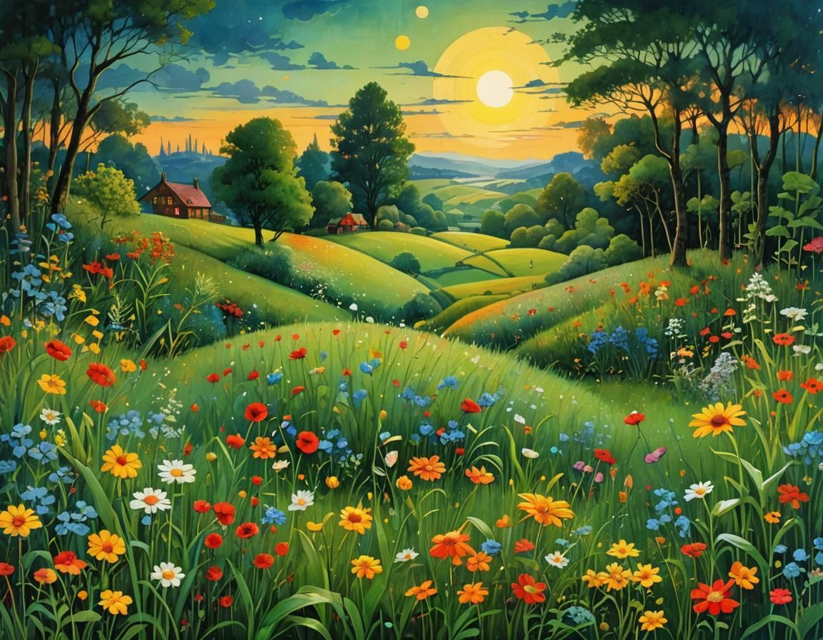 Whimsical Twilight Illustration in Patchwork Style