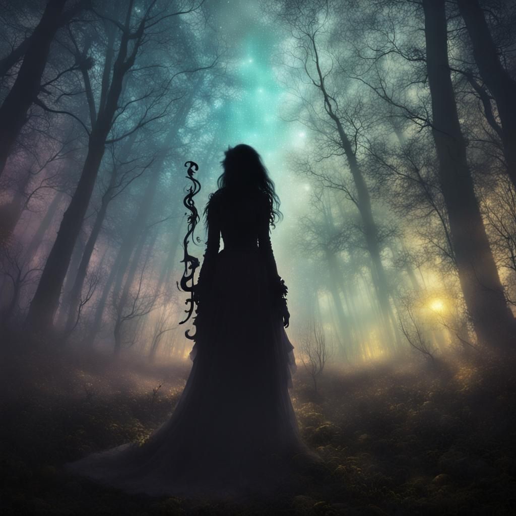 Ghostly Silhouette Vanishing in Gothic Forest Starscape