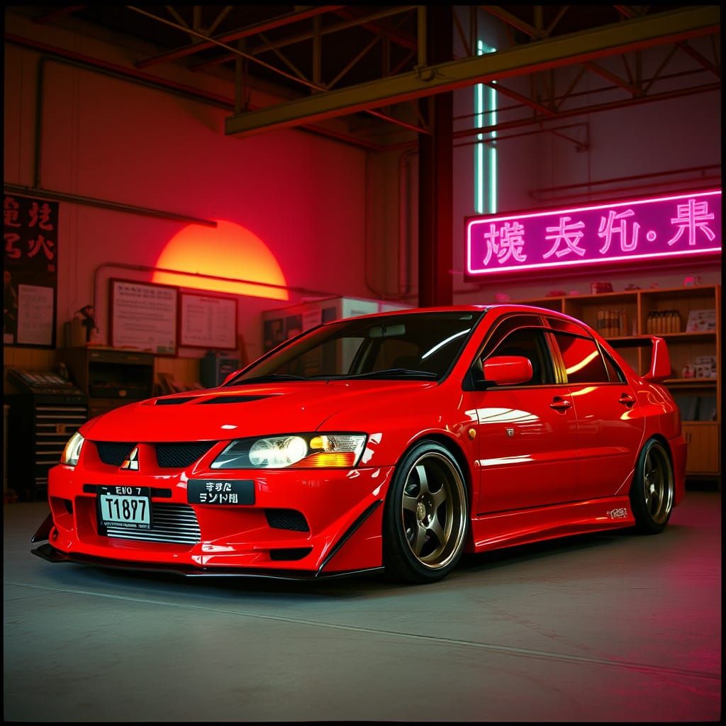 Red EVO 7 in Retro Workshop, Syd Mead Style