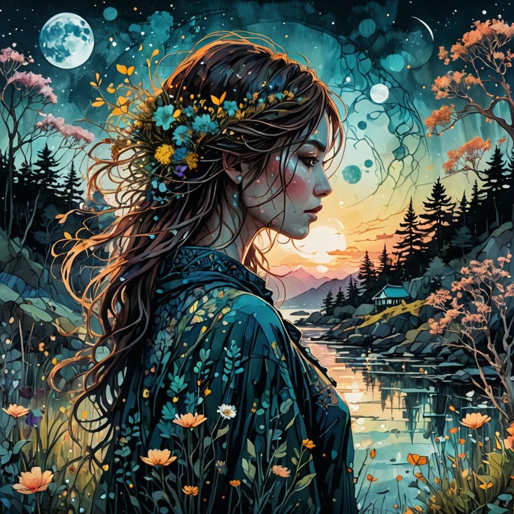 Fantasy Double Exposure: Spring Moonrise Watercolor