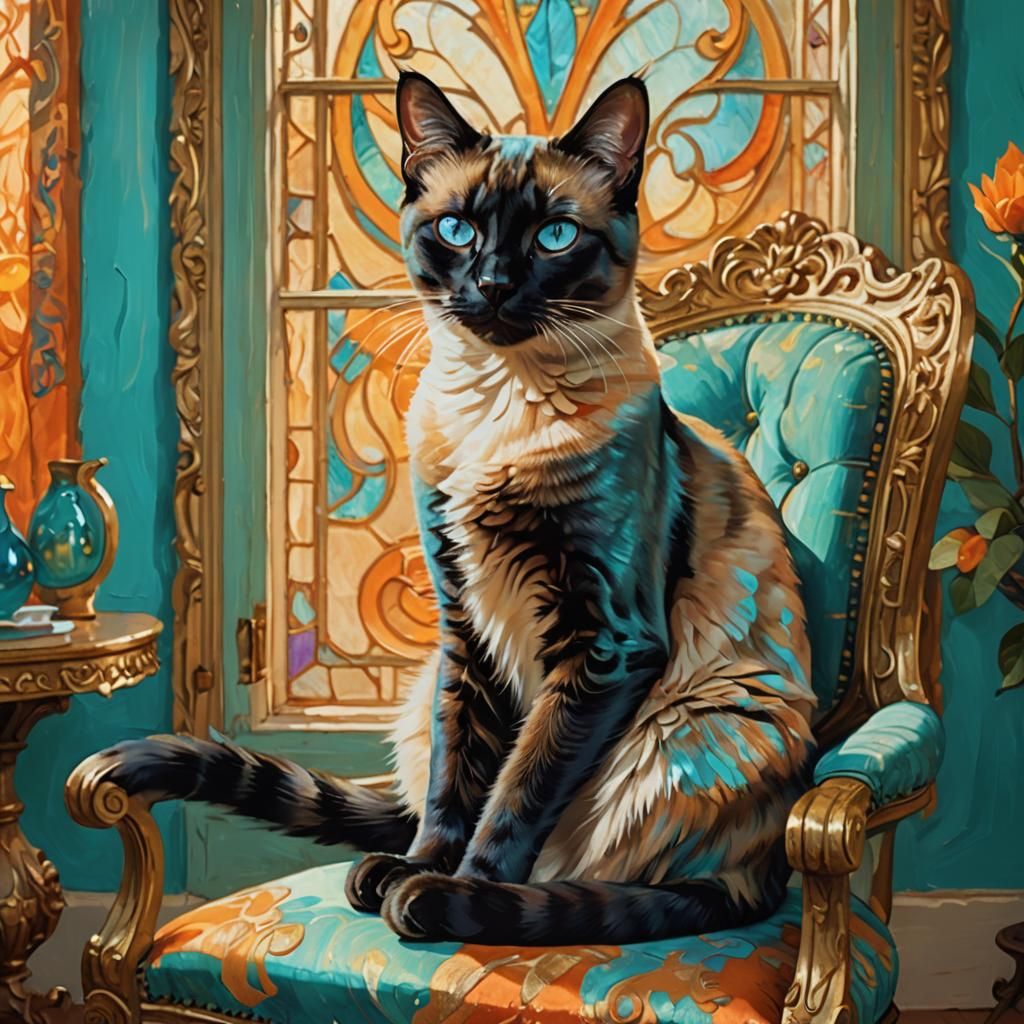 Fauvist Siamese Cat Portrait in Gilded Chair