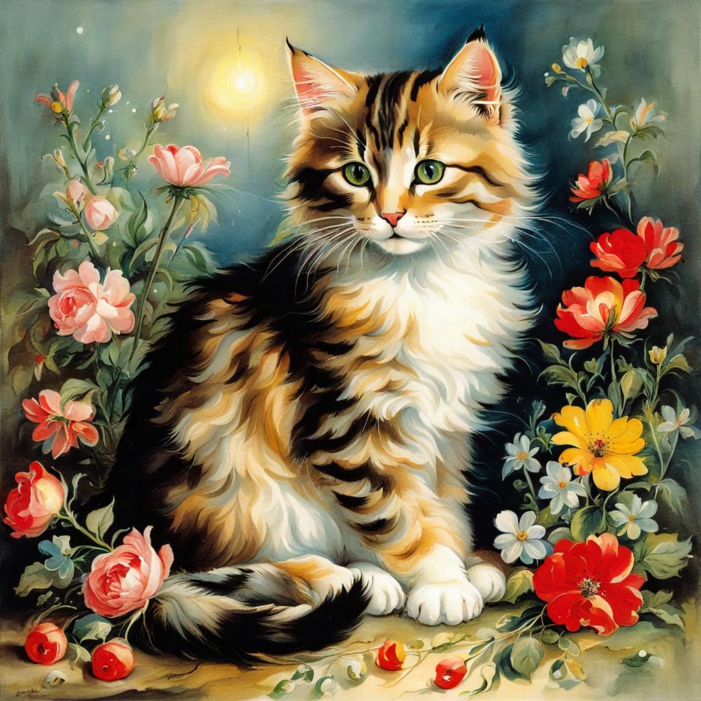 Cat with Flowers in Renaissance Style