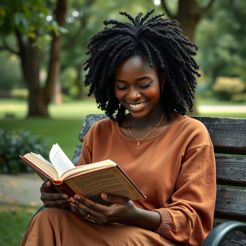 Serene Black Woman Lost in Book, Surrounded by Nature